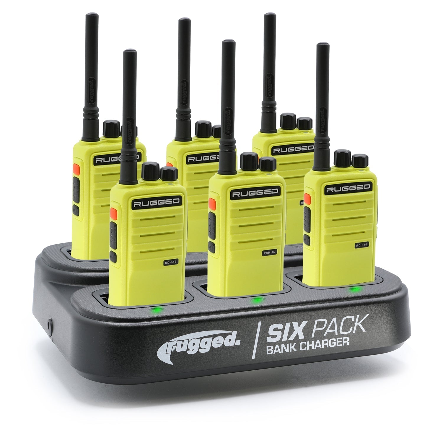 Rugged Radios RDH-16 Two Way Handheld Radio Kit w/ Six Pack Bank Charger - UHF - Safety Yellow (6 Pack) 6PACK-KIT-RDH16-U-HV