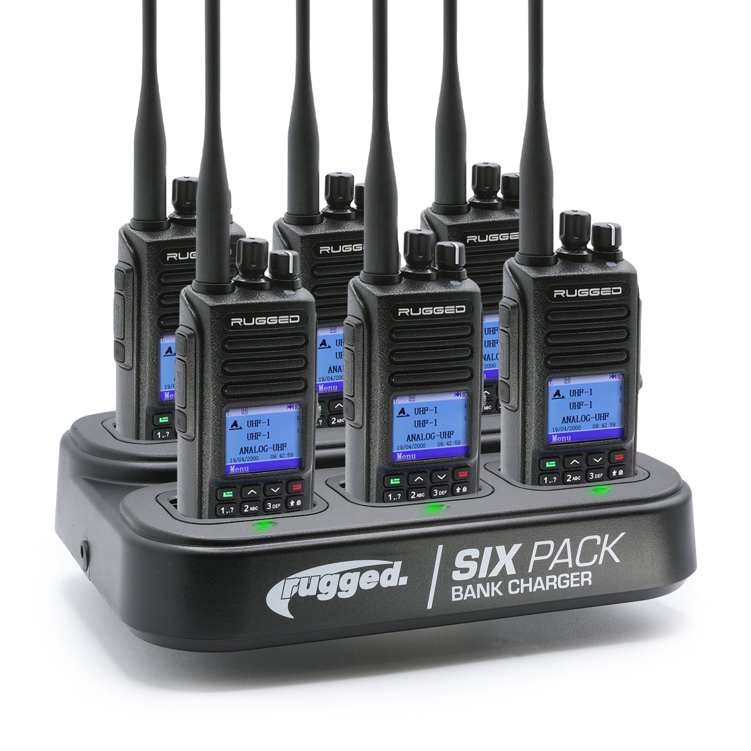 Rugged Radios RDH-16 Two Way Handheld Radio Kit w/ Six Pack Bank Charger - UHF - Safety Yellow (6 Pack) 6PACK-KIT-RDH16-U-HV
