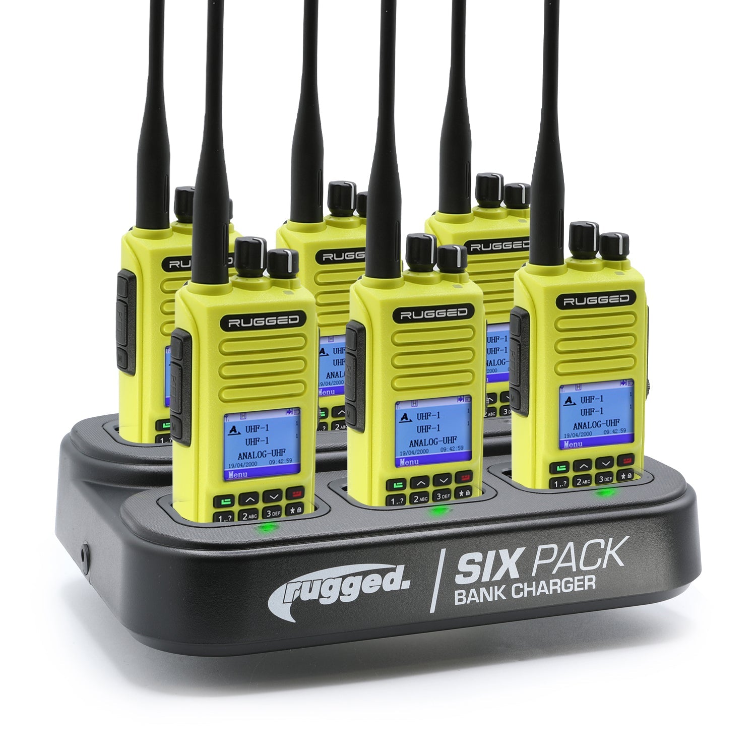 Rugged Radios RDH-16 Two Way Handheld Radio Kit w/ Six Pack Bank Charger - UHF - Safety Yellow (6 Pack) 6PACK-KIT-RDH16-U-HV
