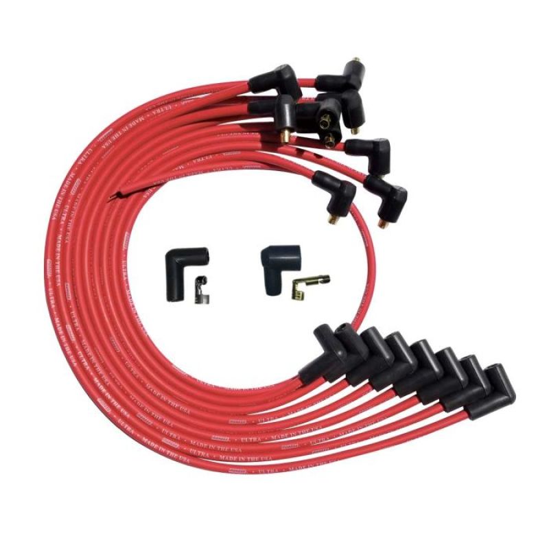 Moroso Ultra Spiral Core 8 mm Spark Plug Wire Set - Red - 90 Degree Plug Boots - Socket Style - Over The Valve Cover - Small Block Chevy