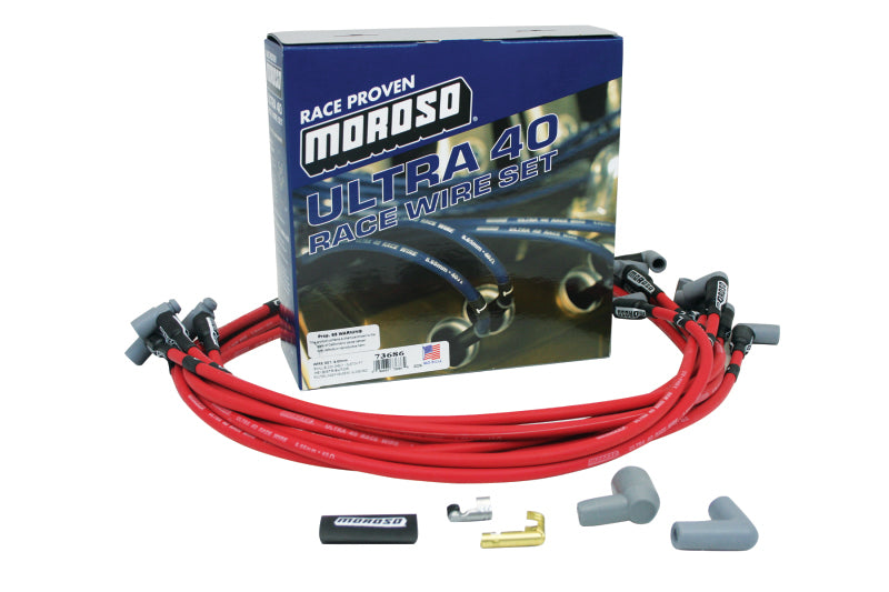 Moroso Ultra 40 Spiral Core 8.65 mm Spark Plug Wire Set - Red - 90 Degree Plug Boots - HEI Style Terminal - Under Headers - Small Block Chevy