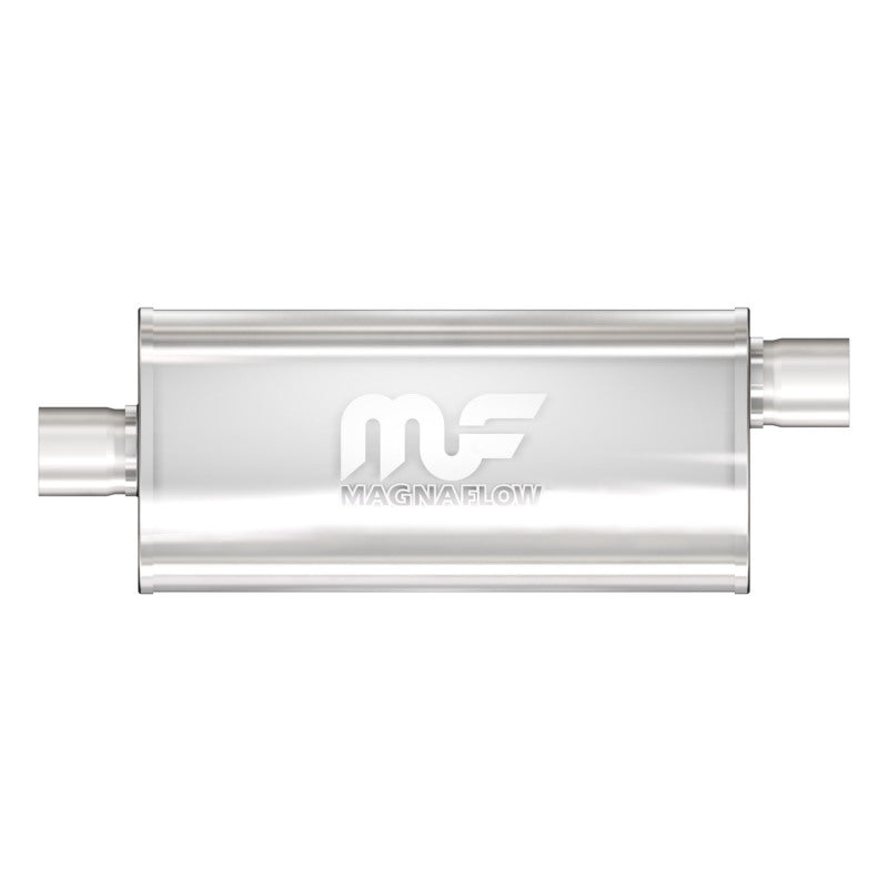 Magnaflow Muffler - 2-1/2 in Center Inlet - 2-1/2 in Offset Outlet - 14 x 8 x 5 in Oval Body - 20 in Long - Stainless - Satin