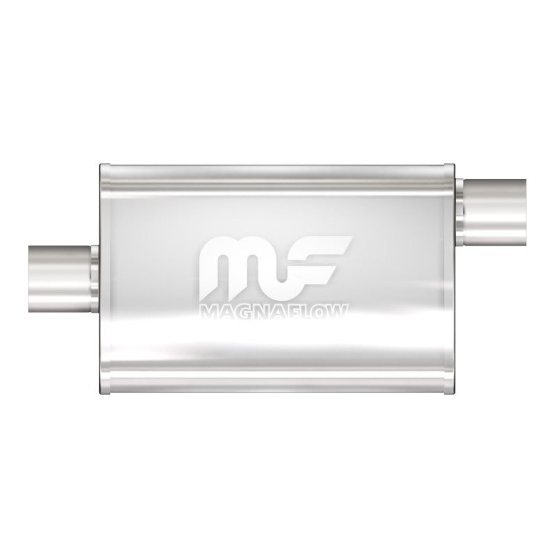 Magnaflow Muffler - 2-1/2 in Offset Inlet - 2-1/2 in Center Outlet - 14 x 9 x 4 in Oval Body - 20 in Long - Polished - Universal