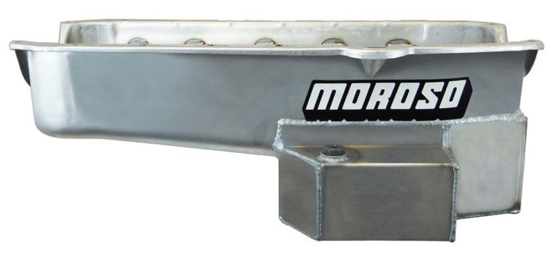 Moroso Road / Drag Race Rear Sump Oil Pan - 7 Quart - 7.5 in Deep - 4-Bolt Caps - Zinc Plated - 2 Piece Seal - Passenger Side Dipstick - Small Block Chevy