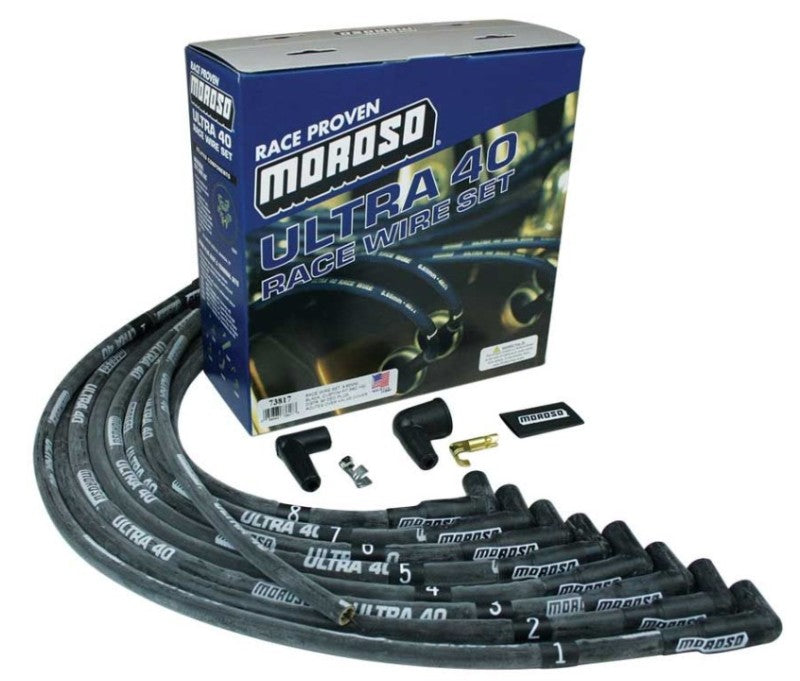 Moroso Ultra 40 Spiral Core 8.65 mm Spark Plug Wire Set - Sleeved - Black - 90 Degree Plug - HEI Style Terminal - Over Valve Cover - Small Block Chevy