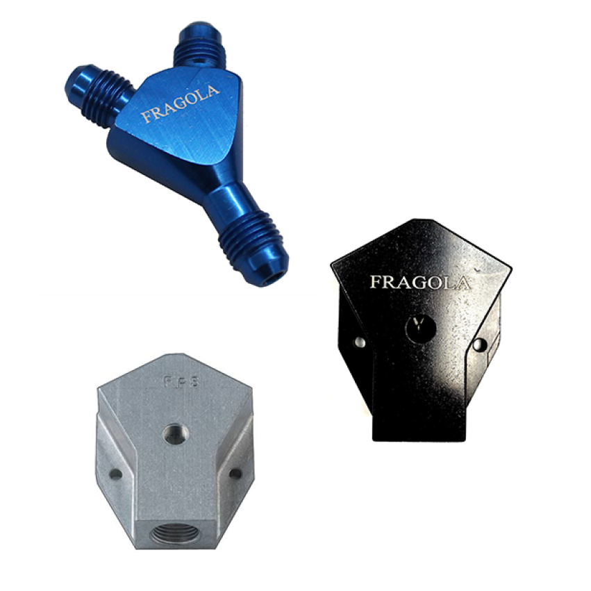 Fragola Performance Systems Y Block Fitting 8 AN Male Inlet Dual 6 AN Male Outlets Aluminum - Black Anodize