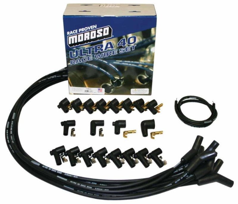 Moroso Ultra 40 Spiral Core 8.65 mm Spark Plug Wire Set - Black - 135 Degree Plug Boots - HEI / Socket Style - Cut-To-Fit - V8