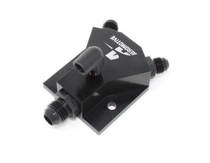 Aeromotive Legacy VaporWorx Y Block - 8 AN Male Inlet - Dual 6 AN Male Outlets - 1/8 in NPT Port - Black