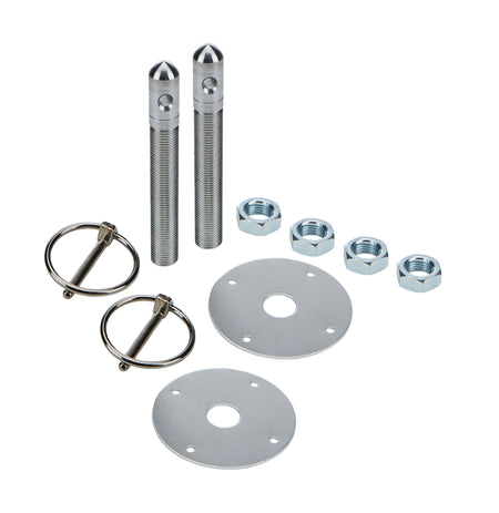 Allstar Performance Aluminum Hood Pin Kit - 0.5 in OD x 4 in Long - 2.25 in OD Scuff Plates - 0.188 in Torsion Clips