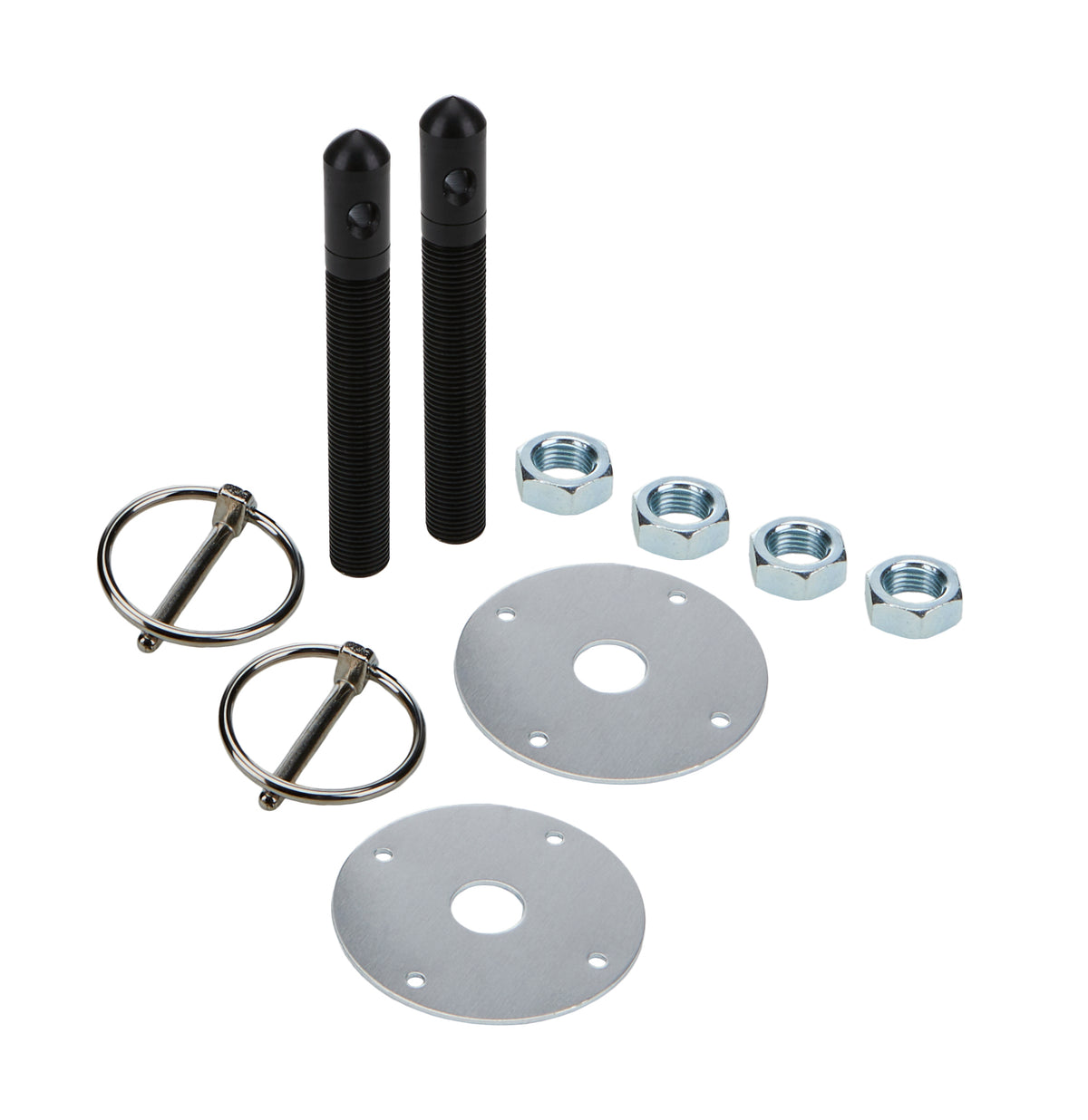 Allstar Performance Aluminum Hood Pin Kit - 0.5 in OD x 4 in Long - 2.25 in OD Scuff Plates - 0.188 in Torsion Clips - Black