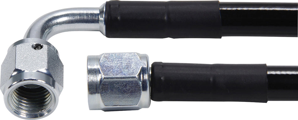 Allstar Performance Brake Hose -32 in Long -3 AN Hose -3 AN Straight to 3 AN 90 Degree Female - Coated Braided Stainless / PTFE - Black