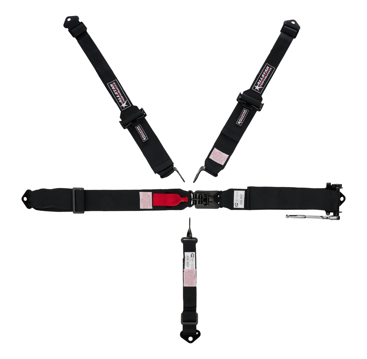 Allstar Performance 5-Point Latch & Link Harness - Left Ratchet Adjuster - 3 in Belts w/ 2 in Shoulder Harness - Black