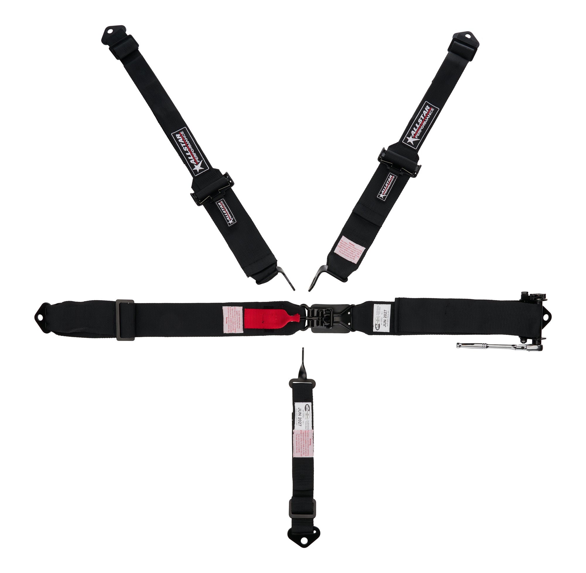 Allstar Performance 5-Point Latch & Link Harness - Left Ratchet Adjuster - 3 in Belts w/ 2 in Shoulder Harness - Black
