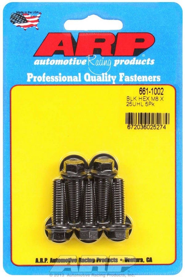 ARP Chromoly 8 mm x 1.25 Thread Bolt - 25 mm Long - 10 mm Hex Head - Black Oxide (Set of 5)