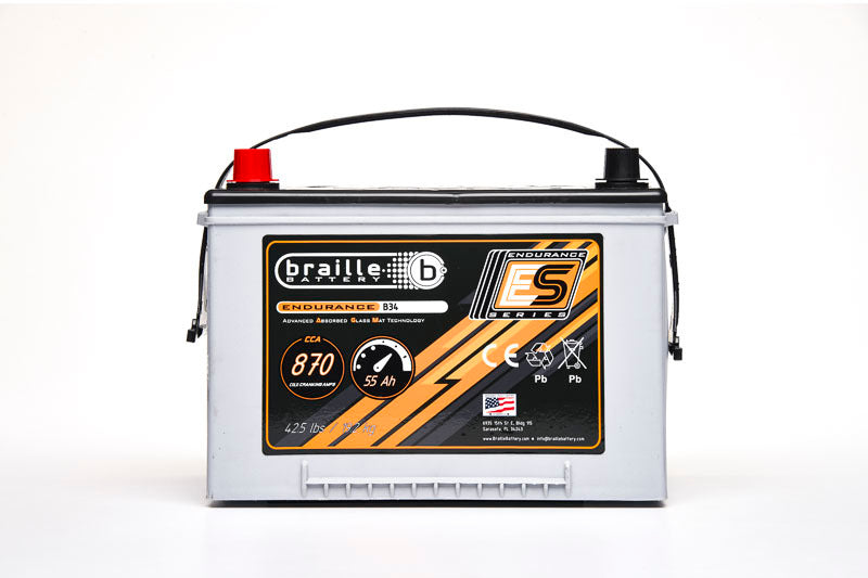 Braille Battery Endurance AGM Battery - 12V - 870 Cold Cranking Amps - Top Terminals - 10.75 in L x 8 in H x 6.88 in W B34