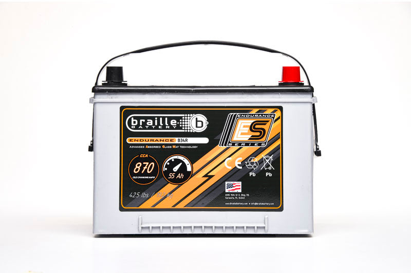 Braille Battery Endurance AGM Battery - 12V - 870 Cold Cranking Amps - Top Terminals - 10.75 in L x 8 in H x 6.88 in W B34R
