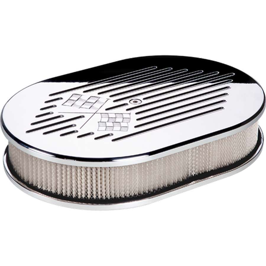 Billet Specialties Polished Small Oval Air Cleaner Assembly - Checkered Flag Logo Design - 2 in. Filter