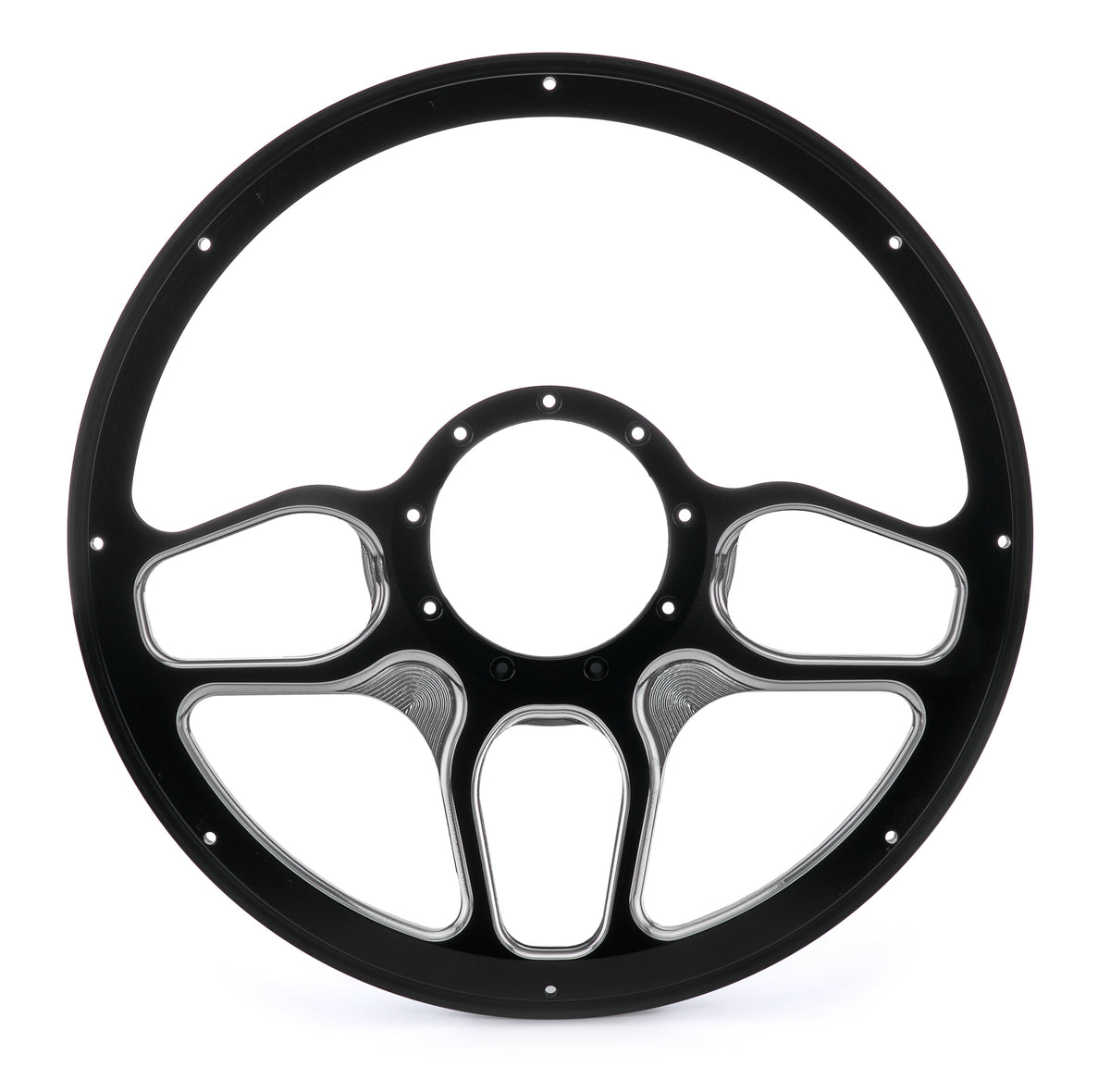 Billet Specialties Win Lite Steering Wheel - 14 in Diameter - 2 in Dish - 6 Spoke - Milled Finger Notches - Black / Machined