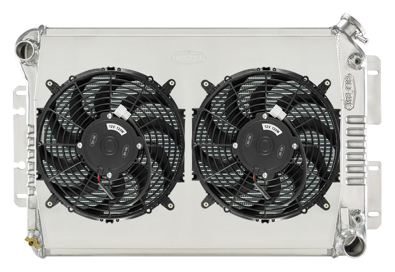Cold-Case Aluminum Radiator w/ Dual 12 in Fan Kit - 31.25 in W x 18.5 in H x 3 in D - Left Side Inlet - Right Side Outlet - Polished - Automatic - Big Block Chevy - GM F-Body 1967-69