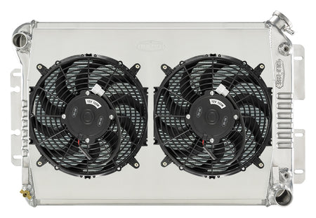 Cold-Case Aluminum Radiator w/ Dual 12 in Fan Kit - 31.25 in W x 18.5 in H x 3 in D - Left Side Inlet - Right Side Outlet - Polished - Automatic - Big Block Chevy - GM F-Body 1967-69