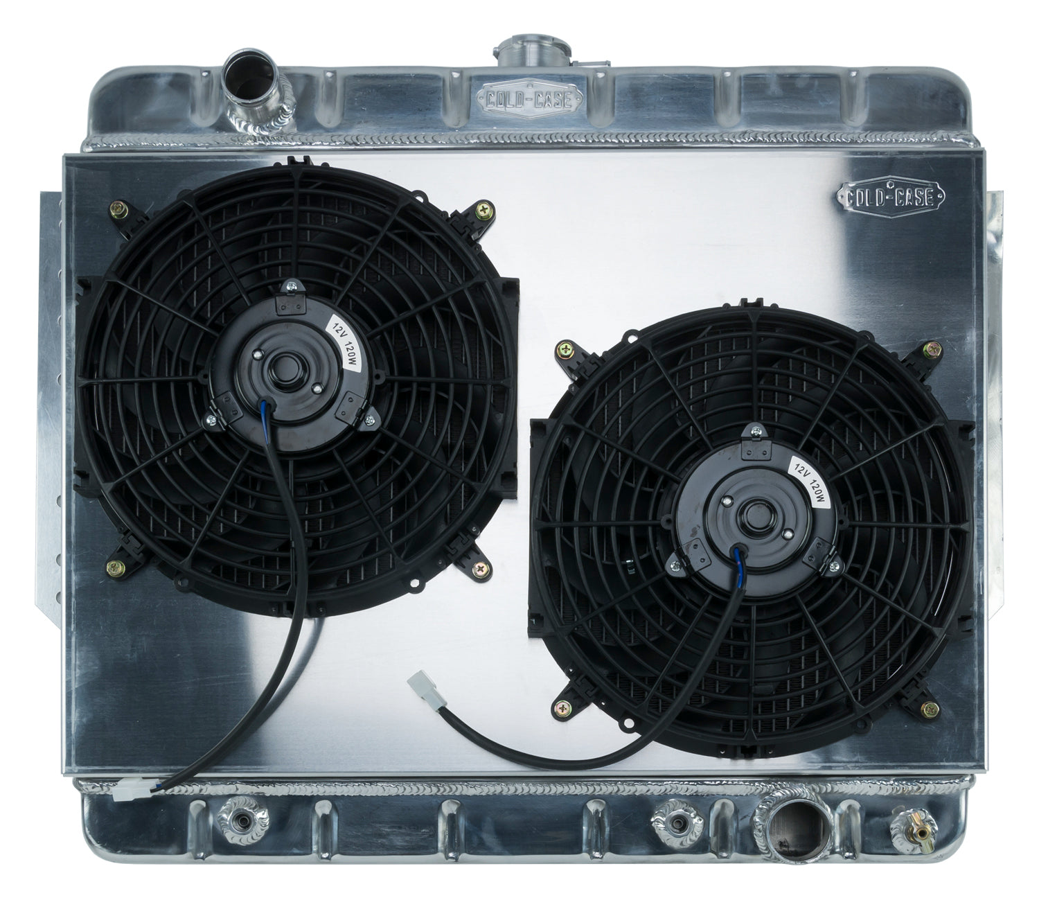 Cold-Case Aluminum Radiator w/ Dual 12 in Fan Kit - 28.75 in W x 23.5 in H x 3 in D - Left Side Inlet - Right Side Outlet - Polished - GM B-Body 1966-68