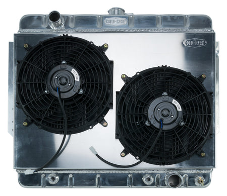 Cold-Case Aluminum Radiator w/ Dual 12 in Fan Kit - 28.75 in W x 23.5 in H x 3 in D - Left Side Inlet - Right Side Outlet - Polished - GM B-Body 1966-68