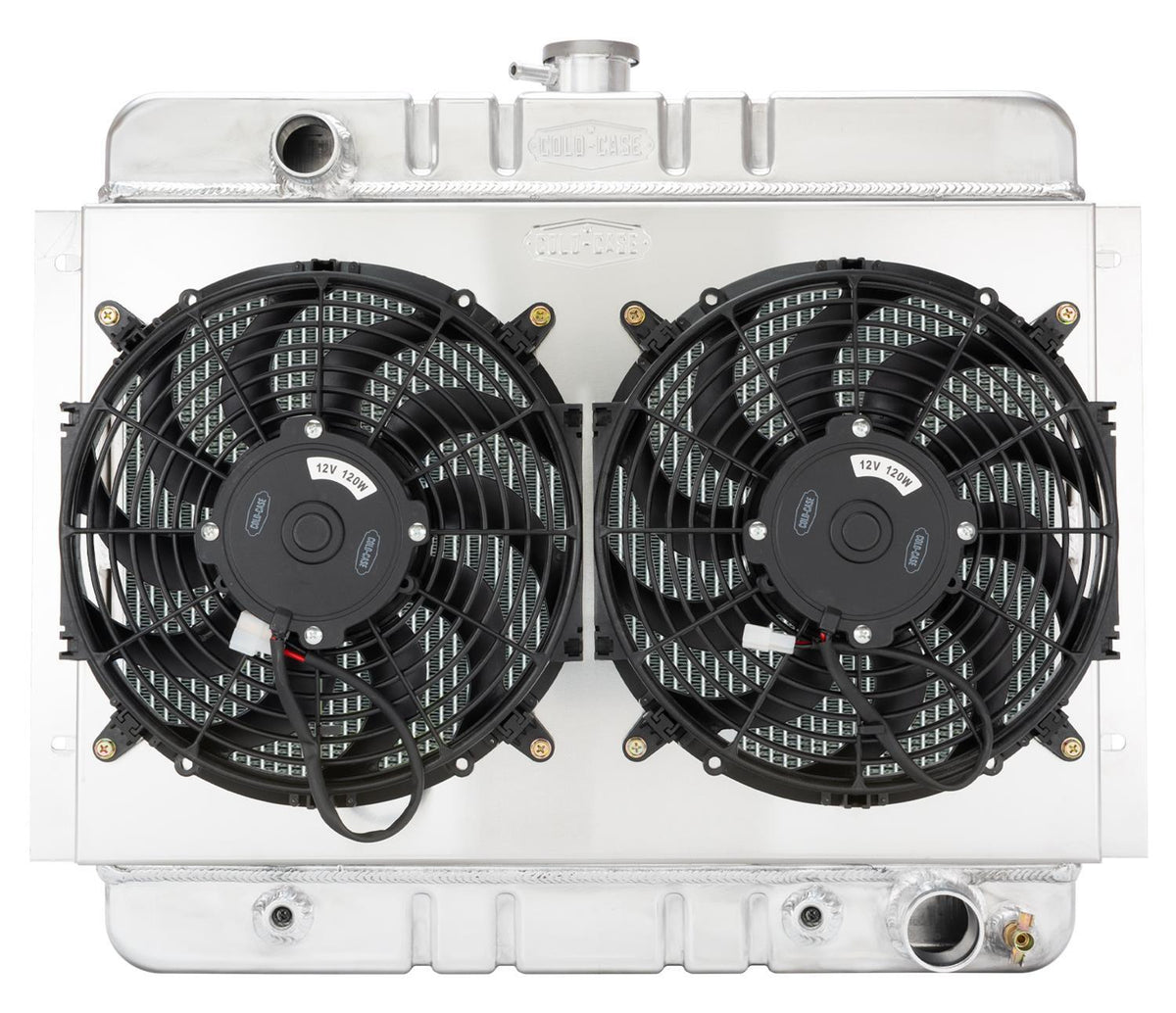 Cold-Case Aluminum Radiator w/ 16" Fan Kit - 25.75 in W x 20.7 in H x 3 in D - Left Side Inlet - Right Side Outlet - Polished - Automatic - GM X-Body 1962-67