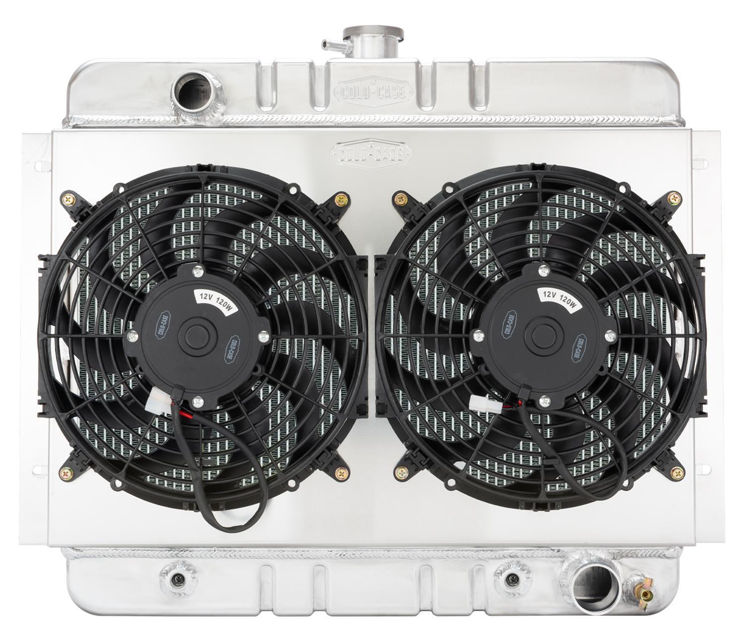 Cold-Case Aluminum Radiator w/ 16" Fan Kit - 25.75 in W x 20.7 in H x 3 in D - Left Side Inlet - Right Side Outlet - Polished - Automatic - GM X-Body 1962-67