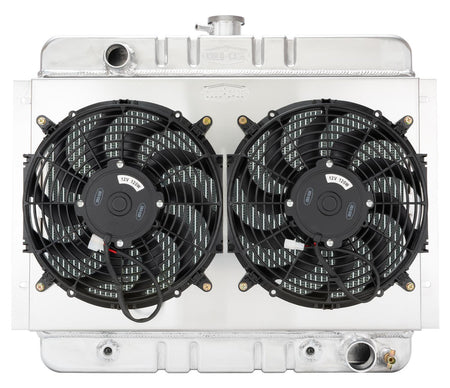 Cold-Case Aluminum Radiator w/ 16" Fan Kit - 25.75 in W x 20.7 in H x 3 in D - Left Side Inlet - Right Side Outlet - Polished - Automatic - GM X-Body 1962-67