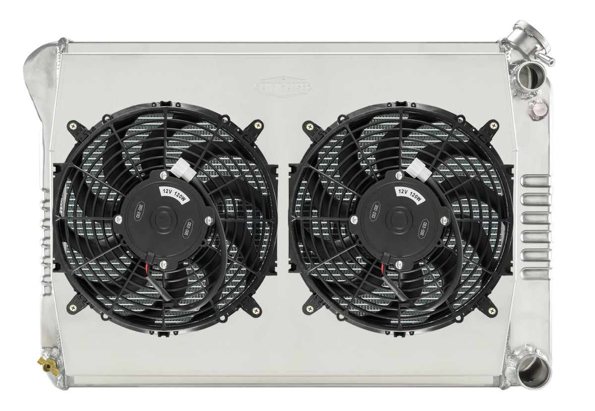 Cold-Case Aluminum LS Swap Radiator w/ Dual 12 in Fan Kit - 28.35 in W x 19 in H x 6.75 in D - Right Side Inlet / Outlet - Polished - GM LS-Series - GM X-Body 1968-79