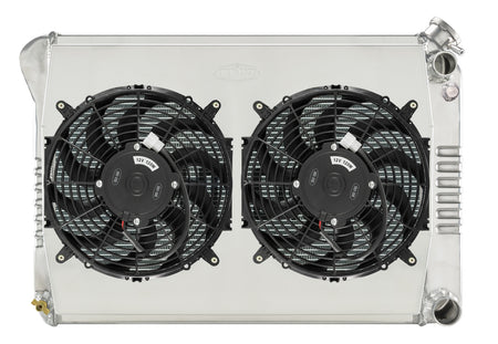 Cold-Case Aluminum LS Swap Radiator w/ Dual 12 in Fan Kit - 28.35 in W x 19 in H x 6.75 in D - Right Side Inlet / Outlet - Polished - GM LS-Series - GM X-Body 1968-79