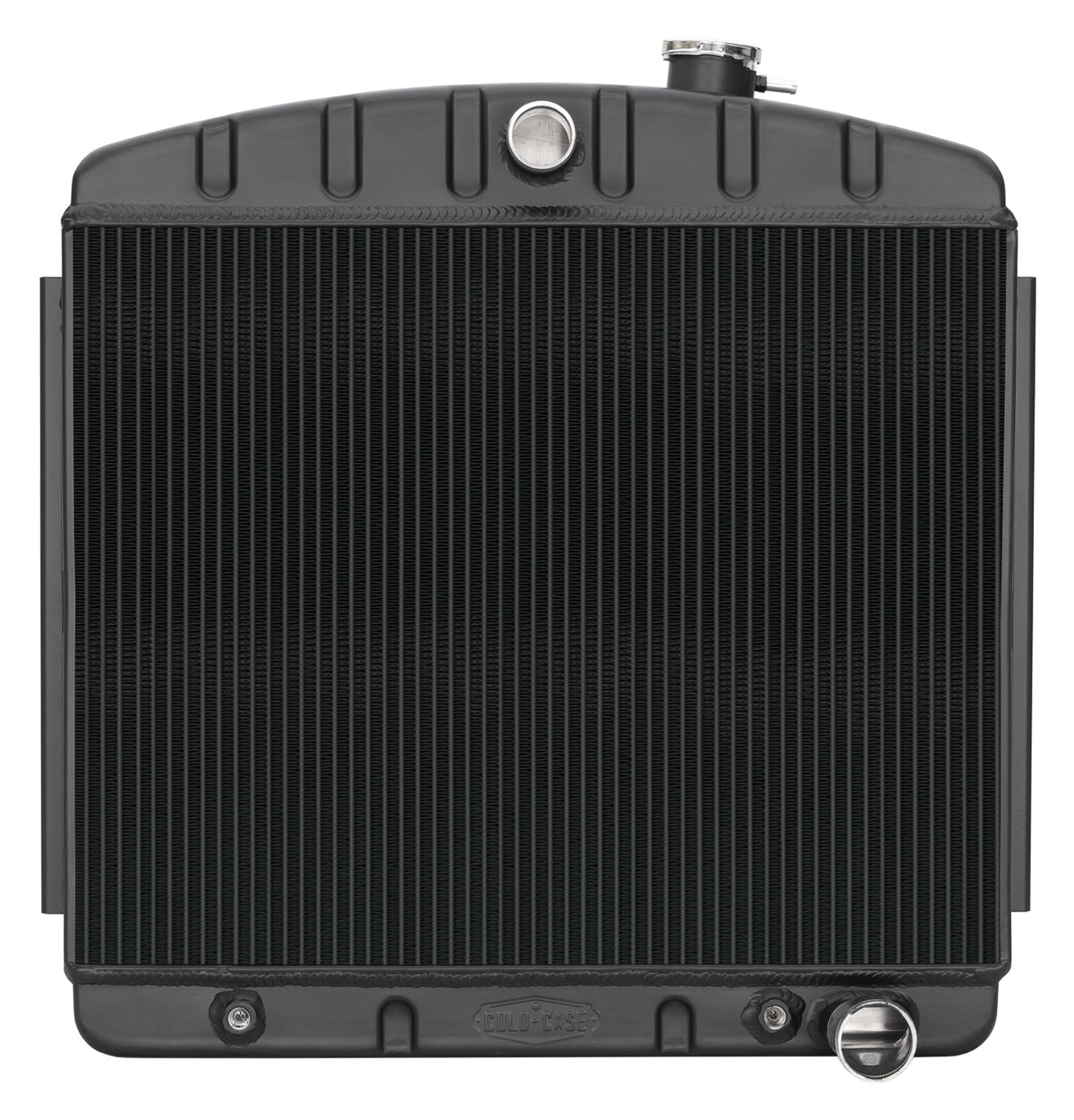 Cold-Case Black Night Rider Series Aluminum Radiator - 23.5 in W x 23.5 in H x 3 in D - Center Inlet - Right Side Outlet - Black - Chevy V8 - Chevy Fullsize Car 1955-57
