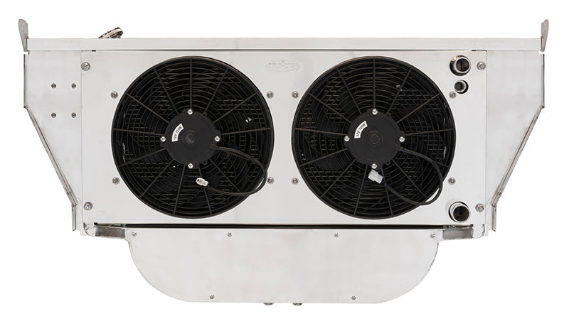 Cold-Case Aluminum LS Radiator w/ Dual 12 in Fan Kit w/ AC - 44.25 in W x 23.5 in H x 6.75 in D - Right Side Inlet / Outlet - Polished - GM LS-Series - Chevy Fullsize Car 1955