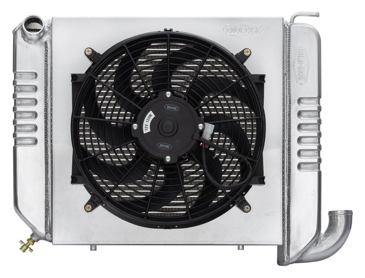 Cold-Case Aluminum Radiator w/ 16" Fan Kit - 22.6 in W x 18.5 in H x 6.75 in D - Left Side Inlet - Right Side Outlet - Polished - Chevy Corvette 1963-64