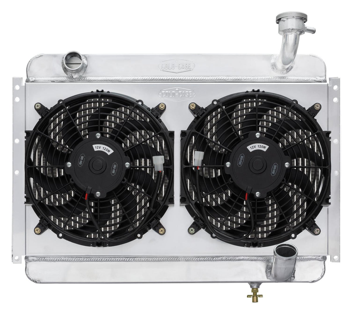 Cold-Case Aluminum Radiator w/ Dual 12 in Fan Kit - 26.25 in W x 19 in H x 6.75 in D - Left Side Inlet - Right Side Outlet - Polished - Chevy Corvette 1956-60