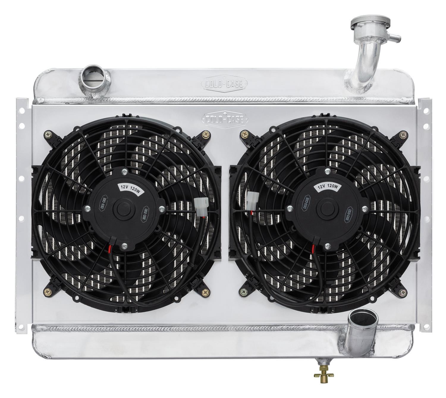 Cold-Case Aluminum Radiator w/ Dual 12 in Fan Kit - 26.25 in W x 19 in H x 6.75 in D - Left Side Inlet - Right Side Outlet - Polished - Chevy Corvette 1956-60