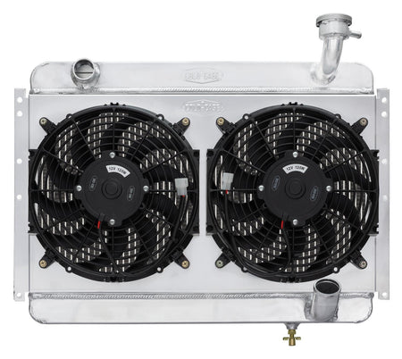 Cold-Case Aluminum Radiator w/ Dual 12 in Fan Kit - 26.25 in W x 19 in H x 6.75 in D - Left Side Inlet - Right Side Outlet - Polished - Chevy Corvette 1956-60