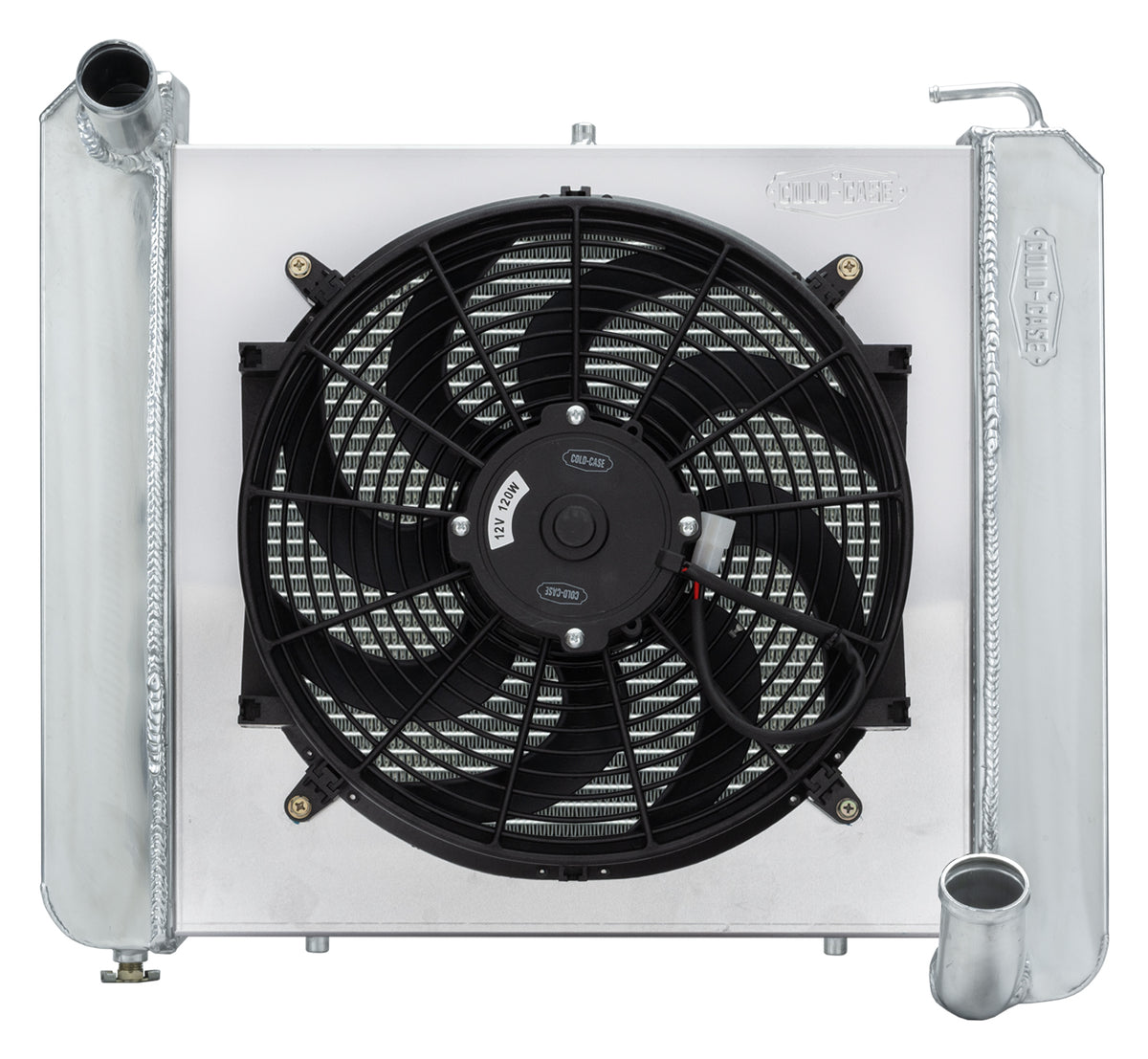 Cold-Case Aluminum Radiator w/ 16" Fan Kit - 22.5 in W x 22.75 in H x 6.75 in D - Left Side Inlet - Right Side Outlet - Polished - Chevy Corvette 1961-62