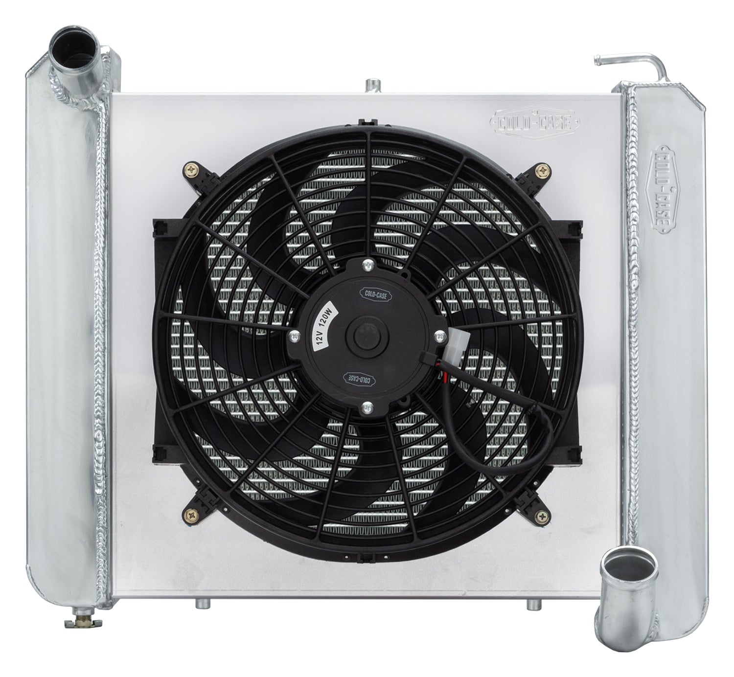 Cold-Case Aluminum Radiator w/ 16" Fan Kit - 22.5 in W x 22.75 in H x 6.75 in D - Left Side Inlet - Right Side Outlet - Polished - Chevy Corvette 1961-62