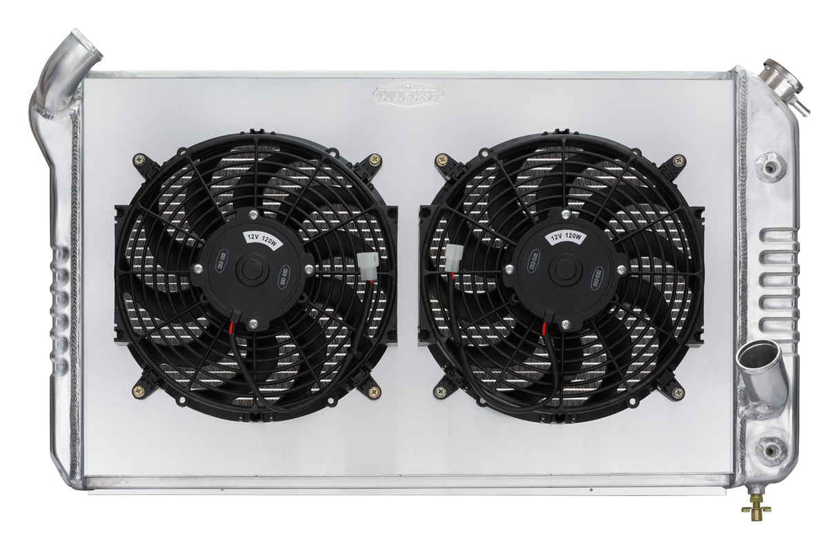Cold-Case Aluminum Radiator w/ Dual 12 in Fan Kit - 31.75 in W x 19.5 in H x 6.75 in D - Left Side Inlet - Right Side Outlet - Polished - Chevy Corvette 1969-72 CHV714AK