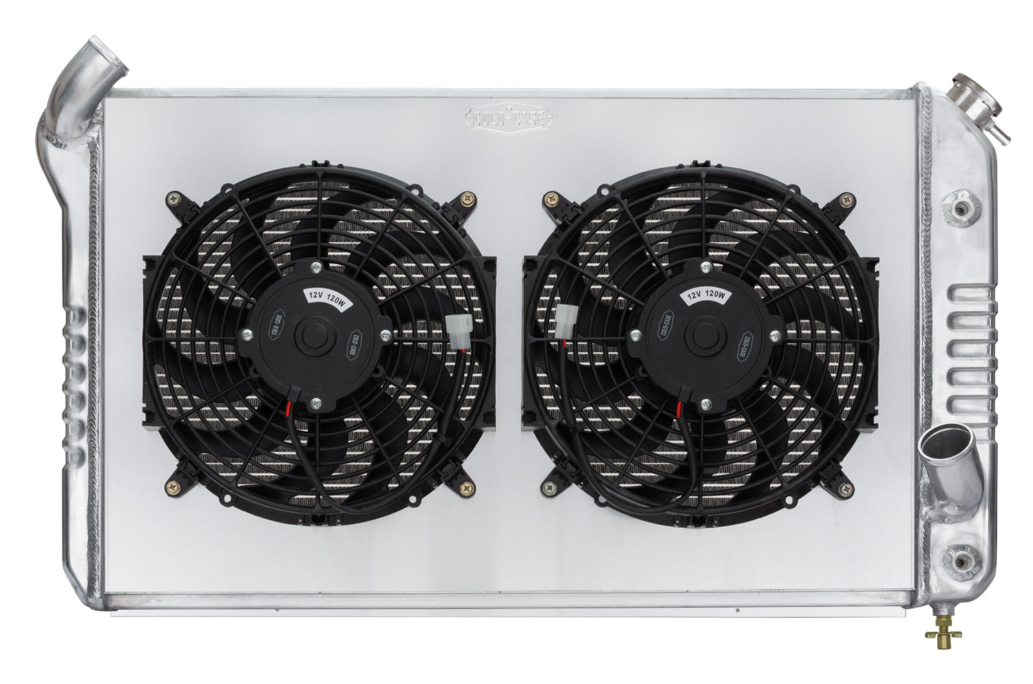 Cold-Case Aluminum Radiator w/ Dual 12 in Fan Kit - 31.75 in W x 19.5 in H x 6.75 in D - Left Side Inlet - Right Side Outlet - Polished - Chevy Corvette 1969-72 CHV714AK
