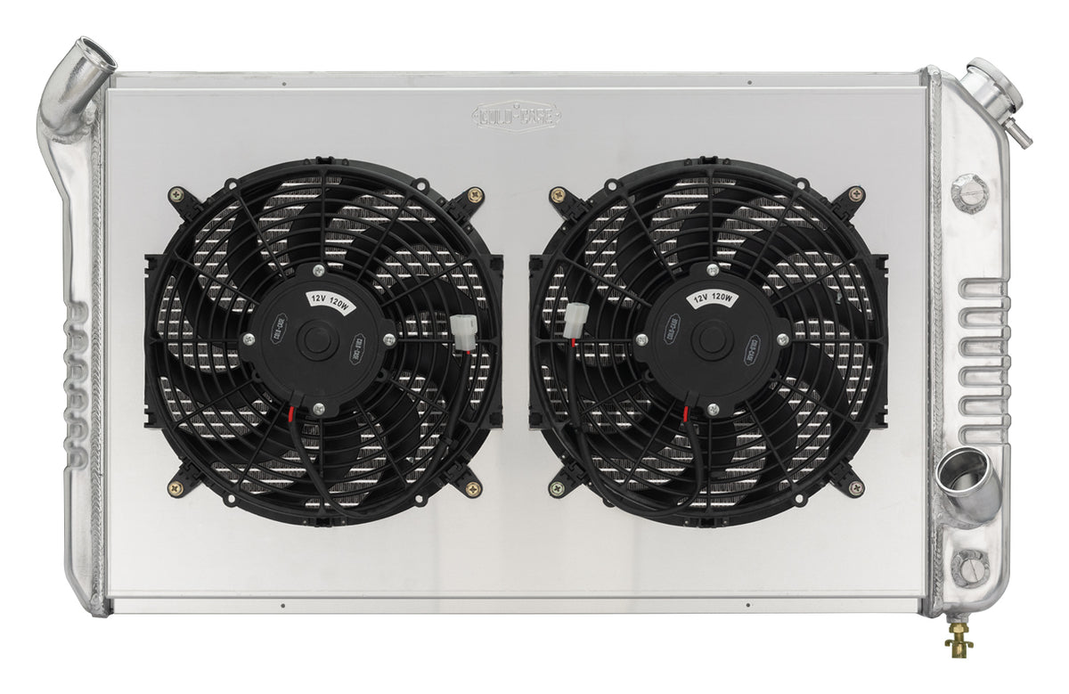 Cold-Case Aluminum Radiator w/ Dual 12 in Fan Kit - 33.7 in W x 19 in H x 6.75 in D - Left Side Inlet - Right Side Outlet - Polished - Chevy Corvette 1973-76