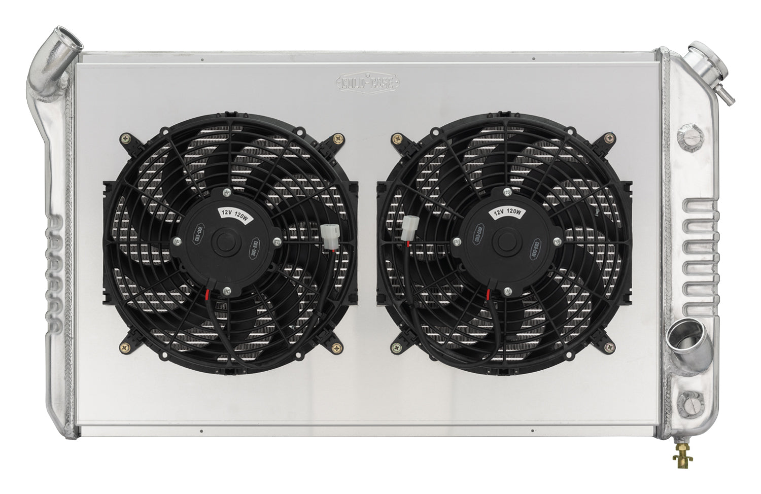 Cold-Case Aluminum Radiator w/ Dual 12 in Fan Kit - 33.7 in W x 19 in H x 6.75 in D - Left Side Inlet - Right Side Outlet - Polished - Chevy Corvette 1973-76