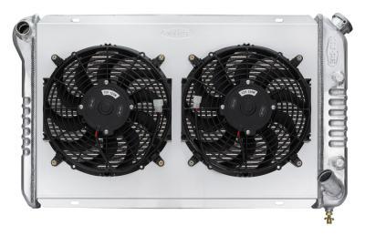Cold-Case Aluminum Radiator w/ Dual 12 in Fan Kit - 33.7 in W x 19 in H x 6.75 in D - Left Side Inlet - Right Side Outlet - Polished - Chevy Corvette 1977-82