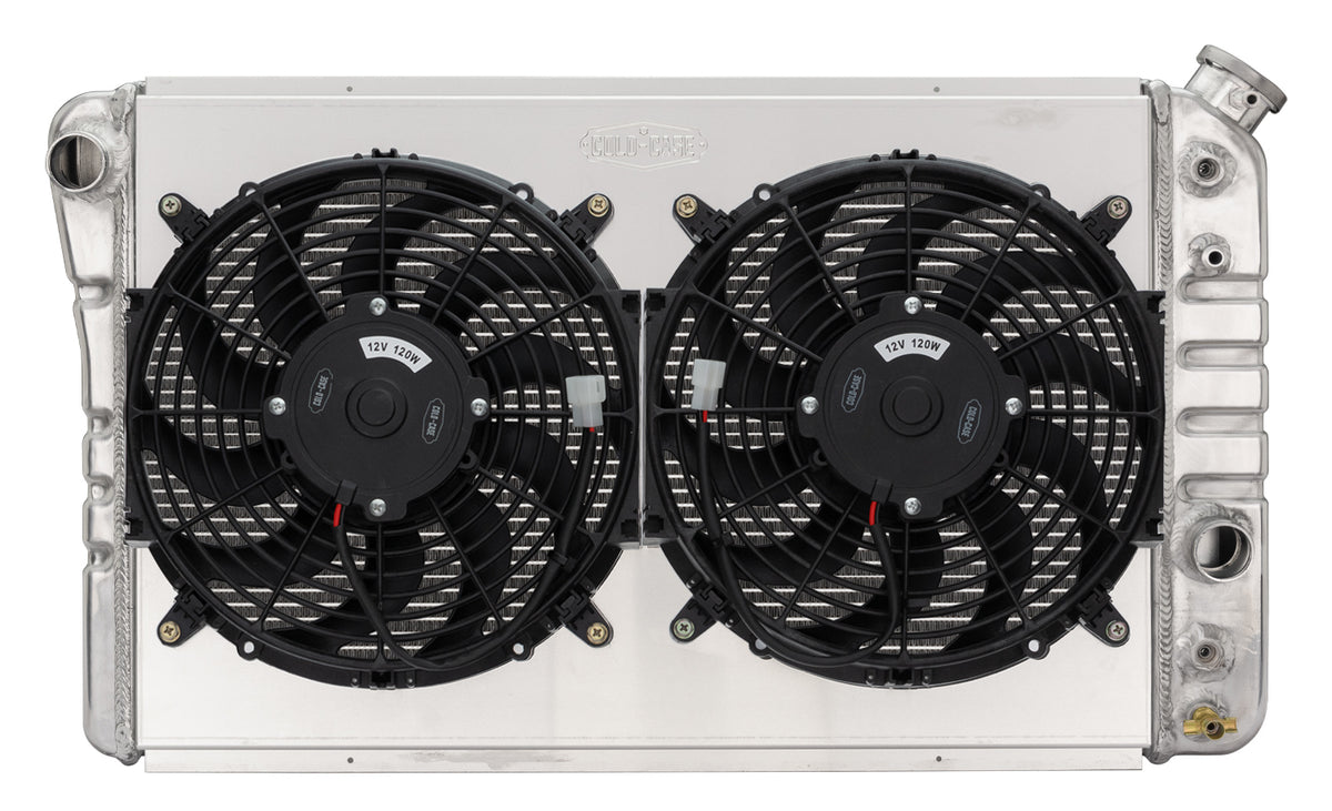 Cold-Case Aluminum Radiator w/ Dual 12 in Fan Kit - 29 in W x 16.5 in H x 6.75 in D - Left Side Inlet - Right Side Outlet - Polished - Chevy Corvette 1984-90