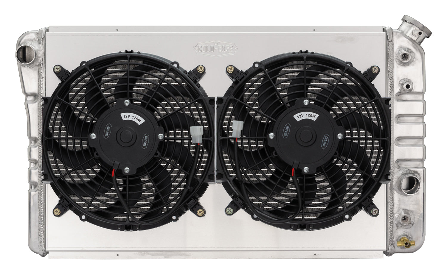 Cold-Case Aluminum Radiator w/ Dual 12 in Fan Kit - 29 in W x 16.5 in H x 6.75 in D - Left Side Inlet - Right Side Outlet - Polished - Chevy Corvette 1984-90