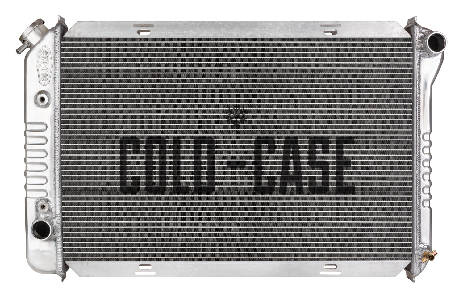 Cold-Case Aluminum Radiator - 31.75 in W x 19.75 in H x 3 in D - Right Side Inlet - Left Side Outlet - Polished - Ford Mustang 1971-73