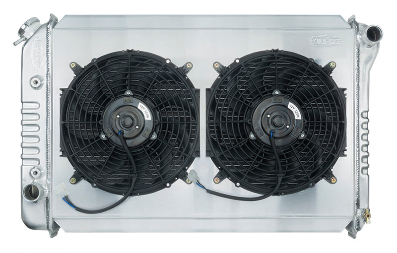 Cold-Case Aluminum Radiator w/ Dual 12 in Fan Kit - 31.75 in W x 19.75 in H x 3 in D - Right Side Inlet - Left Side Outlet - Polished - Ford Mustang 1971-73