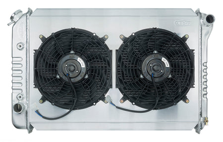 Cold-Case Aluminum Radiator w/ Dual 12 in Fan Kit - 31.75 in W x 19.75 in H x 3 in D - Right Side Inlet - Left Side Outlet - Polished - Ford Mustang 1971-73