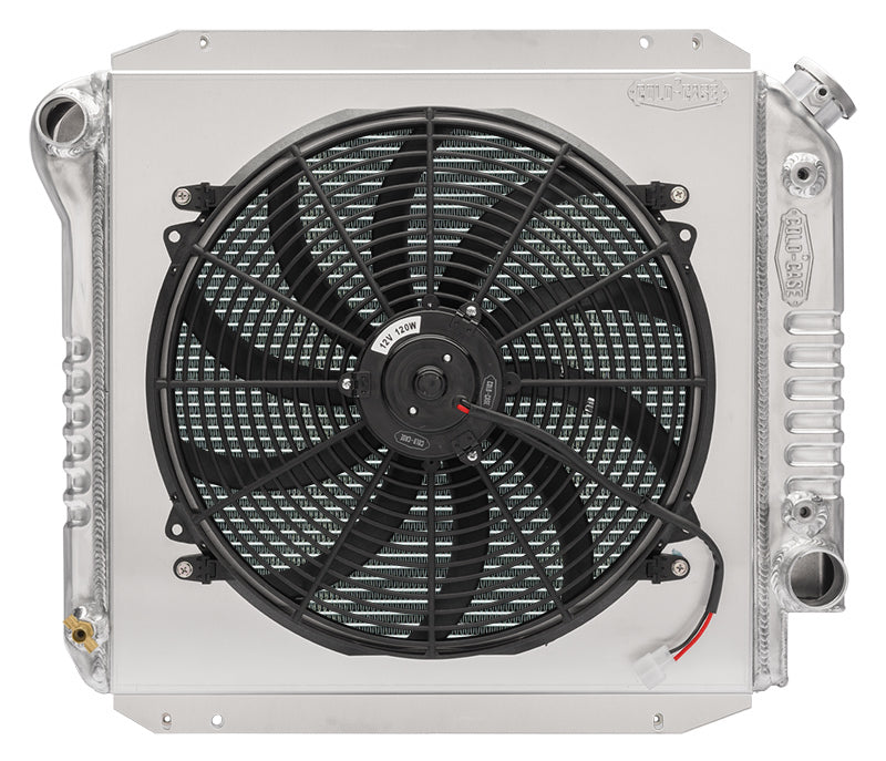 Cold-Case Aluminum Radiator w/ 16" Fan Kit - 24.75 in W x 20.2 in H x 6.5 in D - Left Side Inlet - Right Side Outlet - Polished - Ford Fullsize SUV 1966-77